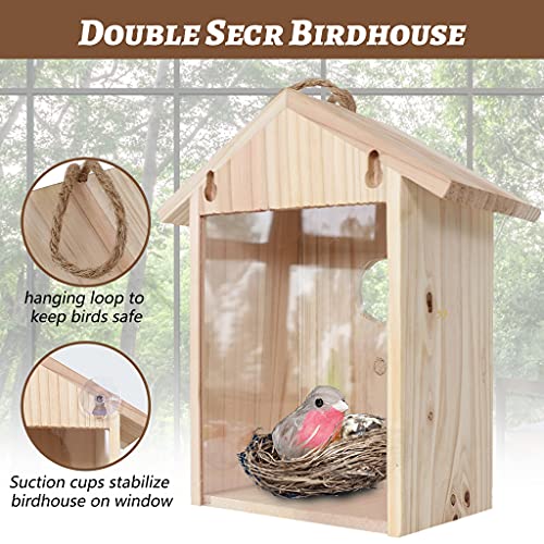Window Birdhouse for Outdoor Hanging Natural Wood Bird House with Suction Cups for Garden Decor Bird Houses for Outside Clearance CHIUEAST