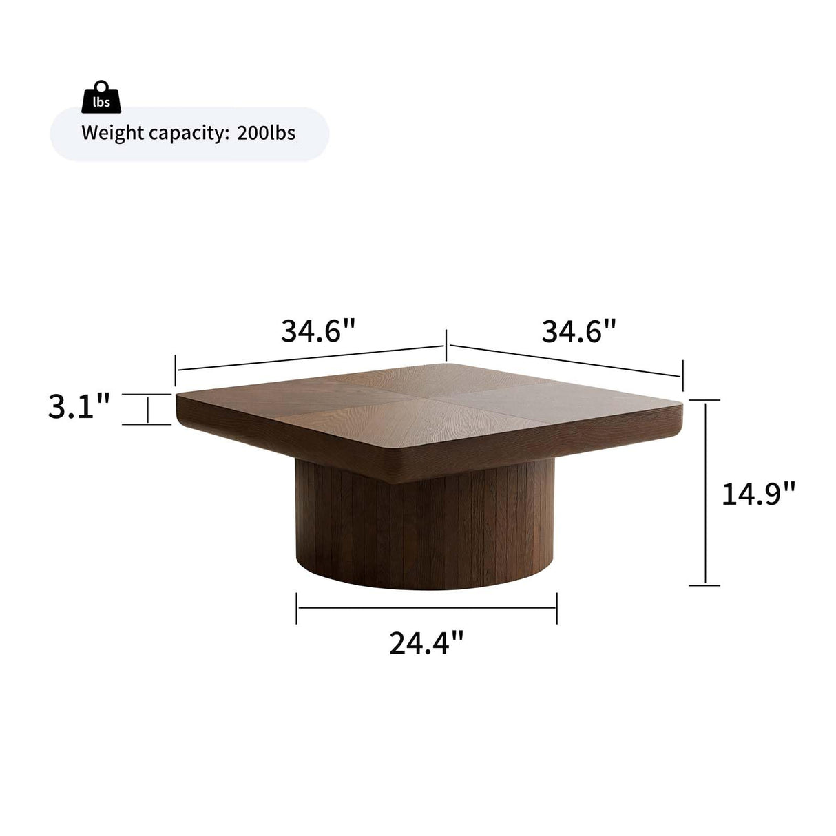 34.6" Square Coffee Table with Cylindrical Leg, Modern Wooden Coffee Table with Solid Wood Veneered, Mid Century Modern Wooden Center Table, Accent Tea Table for Living Room Apartment, Walnut Homora