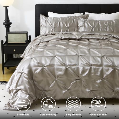 Setguopal Satin Comforter Set King Size, 3-Piece Light Grey Pinch Pleat Bedding Sets, Comforter, Pillowcases, Offering Exceptionally Soft and Smooth Comfort for All Season Use Setguopal
