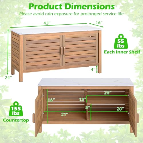Goplus Patio Storage Cabinet, 2-Door Acacia Wood Console Table with Faux Marble Top, Outdoor Wooden Sideboard for Deck, Garden, Backyard & Entryway Goplus