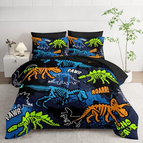 Smell Sunshine 7pcs Comforter Set Dinosaur Theme Printed Bedding Set with 1 Comforter, 1 Flat Sheet, 1 Fitted Sheet and 4 Pillowcases for Boys and Girls Bedroom (Dinosaur King Smell Sunshine
