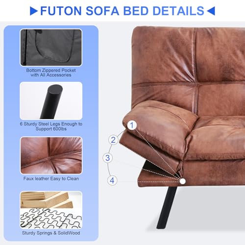 Vipbear 71" Futon Sofa Bed - Convertible Sofa Beds/Adjustable Backrest & Armrest, Comfy Loveseat Sleeper for Small Spaces, Apartments & Offices,Faux Leather Brown Futons Vipbear