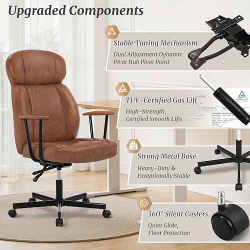 Cozyman High Back Office Desk Chair, Breathable Ergonomic Leather Chair with 5-Layer Seat Cushion with 135°Reclining Lumbar Support Adjustable Height Rolling Swivel Executive Armrests Chair, Brown Cozyman