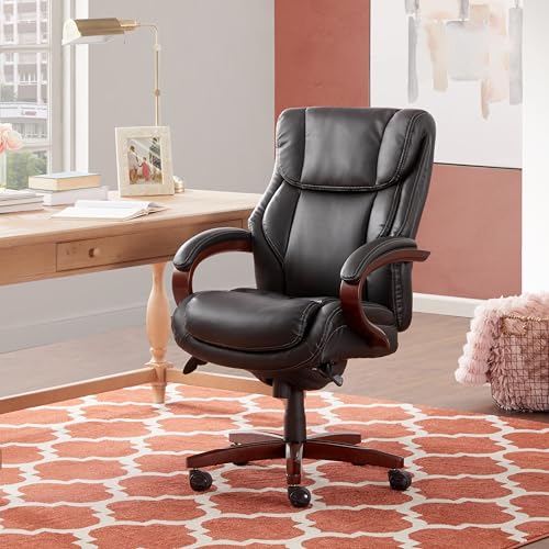 La-Z-Boy® Bellamy Executive Office Chair with Memory Foam Cushions, Real Wood Arms and Swivel Base, Waterfall Seat Edge, Faux Bonded Leather, Black La-Z-Boy