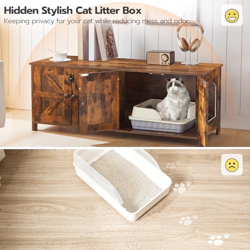 HOOBRO 47.2" Litter Box Enclosure for 2 Cats, Hidden Litter Box Furniture with Double Rooms, Wooden Cat Litter Box Enclosure, Dual Litter Box Design, Large Cat House for 2 Cats, Rustic Brown BF32MW01 HOOBRO