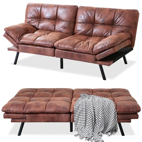 MUUEGM Faux Leather Futon Bed, Convertible Memory Foam Sofa Bed, Modern Love Seat for Living Room,Compact Space,Apartment,Office,Adjustable Backrests Armrests Couch Sleeper,71" Sofas, Brown MUUEGM