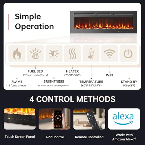 oneinmil 50” Smart Electric Fireplace Heater, Compatible with Alexa & Google Home, Wall Mount, in-Wall Recessed Fireplace Insert, Ajustable Flames, 750W/1500W Indoor Heater oneinmil