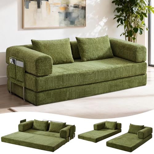 KozyNutria 81" Convertible Sofa Bed with Storage Pockets, 5-in-1 High Density Foam Boneless Couch, Corduroy Folding Futon Sleeper Sofa for Living Room Bedroom Apartment, No Assembly Required, Green KozyNutria