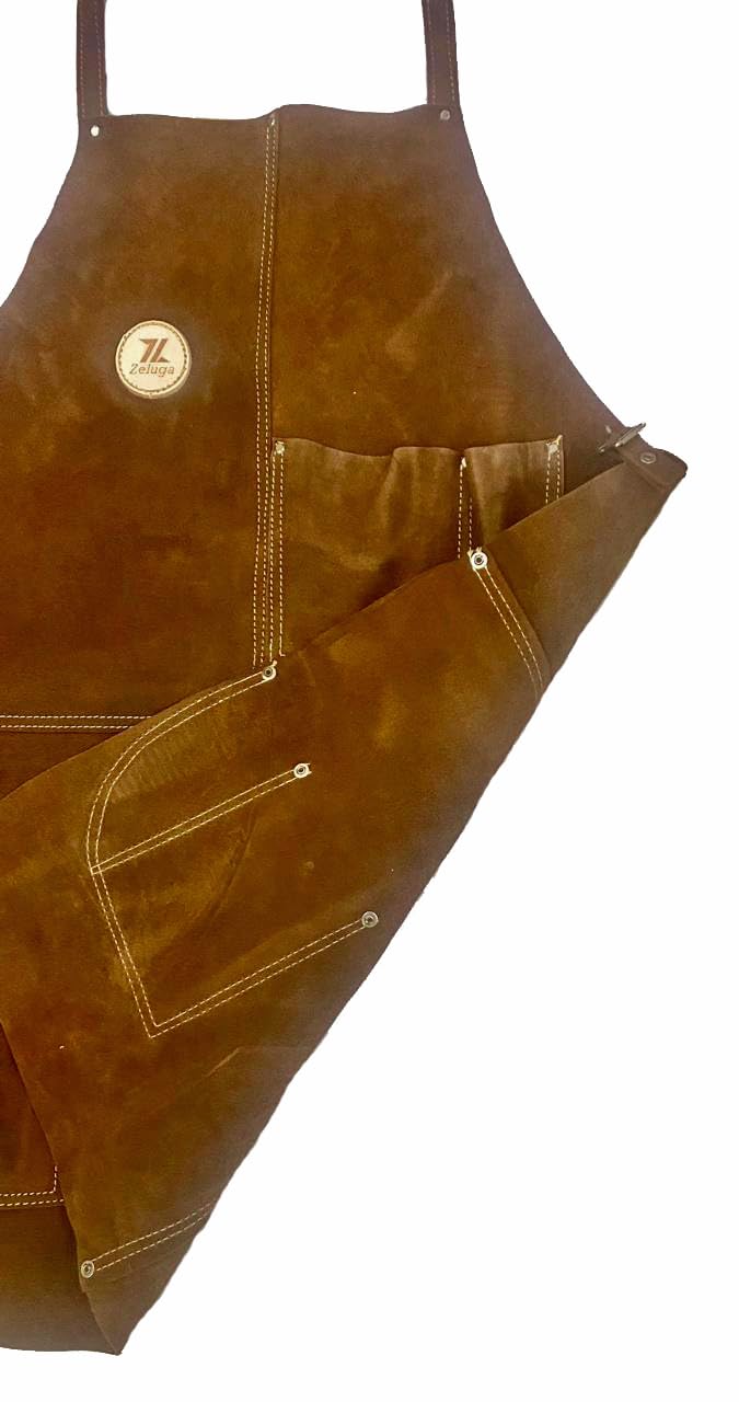 Zeluga 20-409 24in. x 36in. Heavy Duty Flame and Heat Resistant Leather Welding and Work Shop Apron, Brown Zeluga