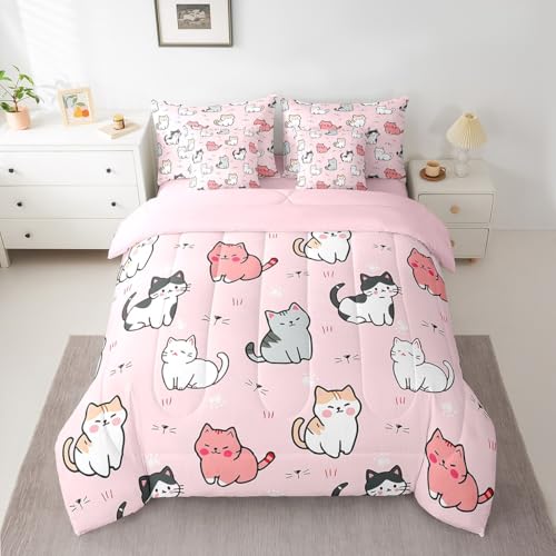 7-Piece Cute Cat Bedding King Size Cartoon Animal Bed in a Bag, Kawaii Kitten Comforter Set for Kids Boys Girls Pet Themed Comforter, Fitted Sheet, Top Sheet, Pillowcases and Throw Pillow Covers, Pink Erosebridal