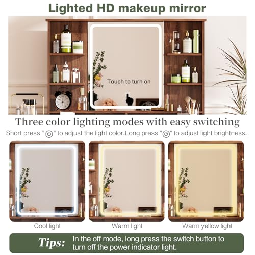 YYJ Makeup Vanity Desk with Large Mirror and Lights&Charging Station,3 Lighting Modes,Desk Vanity with 8 Storage Drawers and 8 Shelves,Makeup Table for Bedroom,Dressing Table with Nightstand,Walnut YYJ