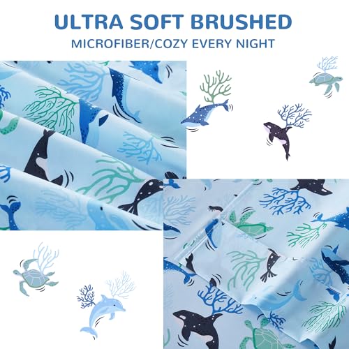 Viviland 3 Pieces Boys Blue Ocean Twin Sheet Set - Soft Microfiber Fitted Flat Sheets & Pillowcase - Blue Ocean Whales, Sea Turtles, Marine Organisms Bedding Sets - for Kids & Toddlers Viviland
