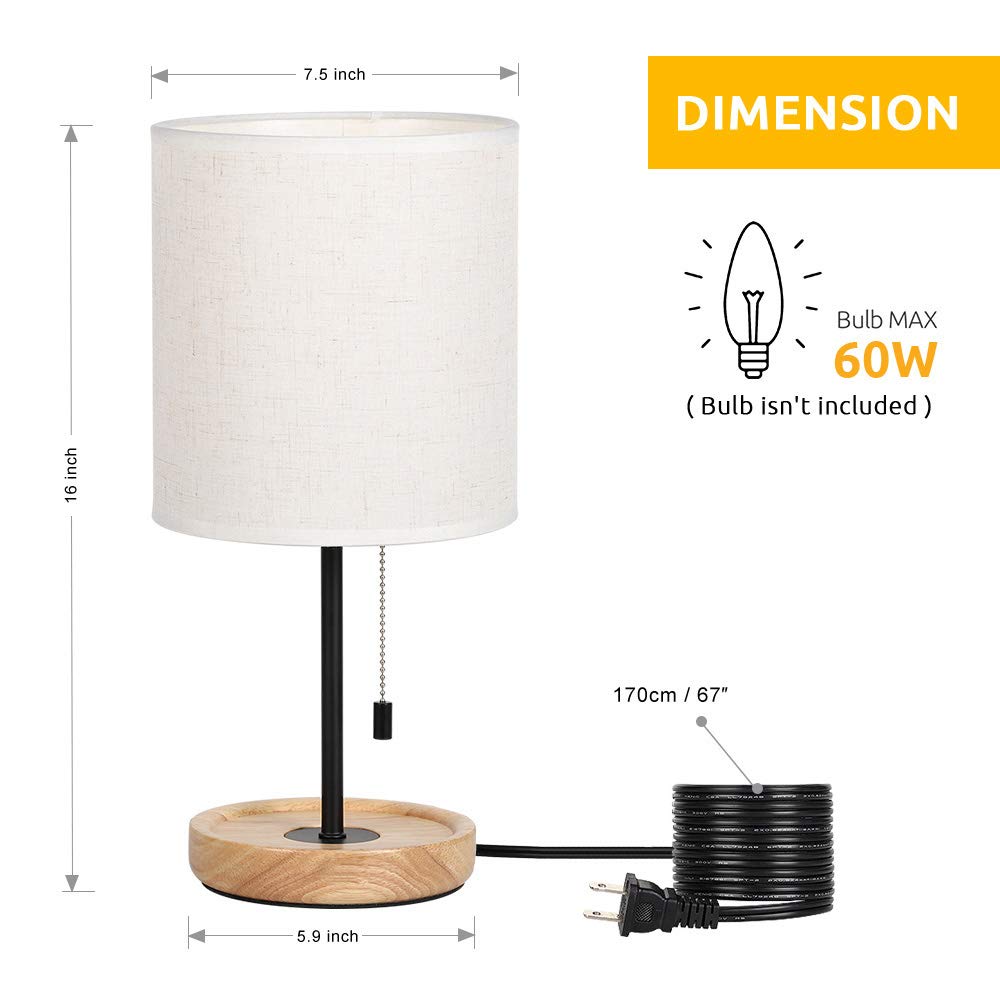 HAITRAL Bedside Table Lamp - Modern Nightstand Lamp with Linen Fabric Shade Wooden Desk Lamps for Bedrooms, Office, College Dorm, Dinning Room, Girls Room - 16 Inches (HT-AD005) HAITRAL