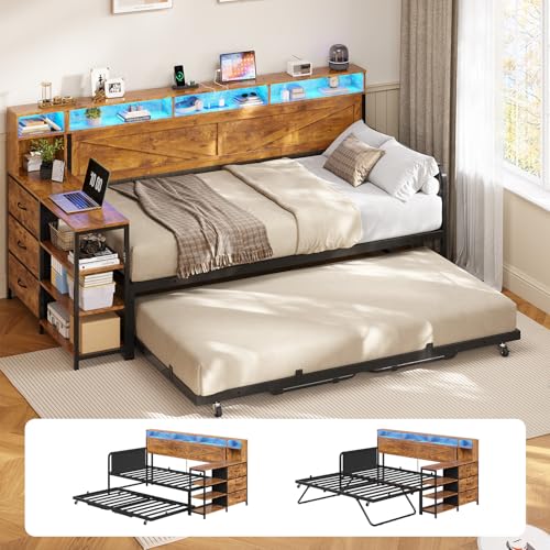 MSmask Daybed with Trundle, Twin Day Bed with 3 Storage Drawers and Shelves, Farmhouse Wooden Daybed Frame with Charging Station and LED Lights for Bedroom, Rustic Brown MSmask