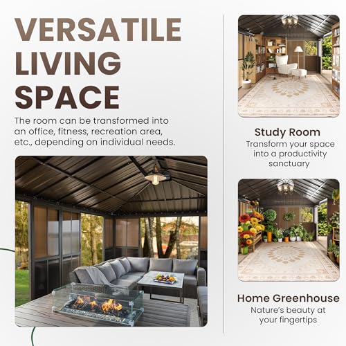 EROMMY 12' X 20' Hardtop Sunroom, Galvanized Steel Double Roof Gazebo Solarium with Detachable Windows & Lockable Doors, All-Weather Sun Room for Patio Deck Backyard