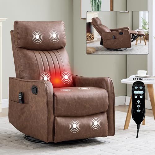 High Back Massage Recliner with Heat - Swivel Rocking Chair for Small Spaces, Manual Lazy Boy Recliner for Adults, Perfect for Living Room & Bedroom, Soft Fabric (Brown)