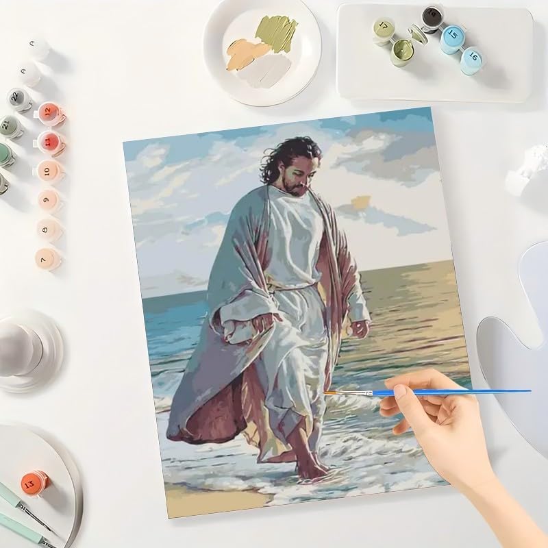 Religious Paint by Numbers Kit for Adults - DIY Jesus Walking by The Ocean Painting on Canvas 16x20 Inches, Acrylic Paint Set, Suitable for Beginners, Faith Art for Home Decoration or Gifts TAOPAOLAB