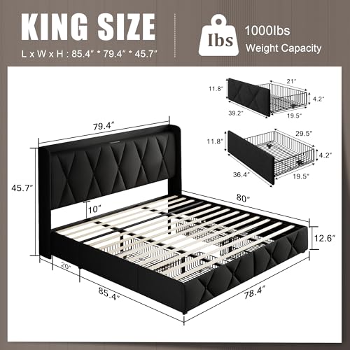 Einhomn King Size Bed Frame with 4 Storage Drawers and Charging Station, Upholstered Platform Bed Frame with Storage Headboard, No Box Spring Needed, Easy Assembly, Black Einhomn