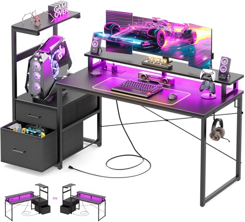 Aheaplus Gaming Desk with LED Strip & Power Outlet, 59Inch Reversible Computer Desk with Monitor Stand & Storage Shelves, Home Office Desks with Fabric File Drawer, PC Gamer Table, Carbon Fiber Black Aheaplus