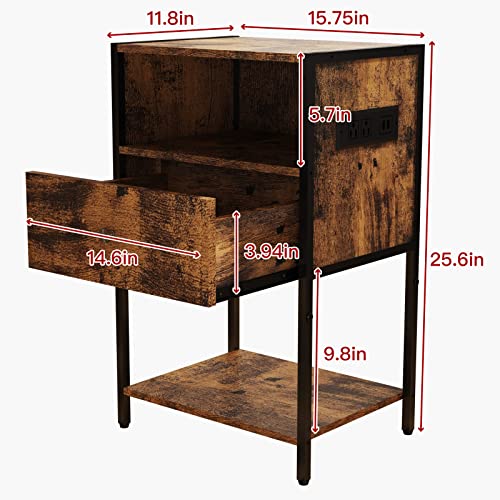 LDTTCUK Nightstand with Charging Station, Modern End Table with Drawer, Bedside Table with Open Storage for Bedroom,Rustic Brown LDTTCUK