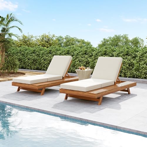 Christopher Knight Home Kayes Acacia Wood Chaise Lounge Chair Outdoor Set of 2, Poolside Sun Lounger Recliner, Patio Outdoor Chaise Lounge with 4'' Triple Folds Cushion, Teak+Cream