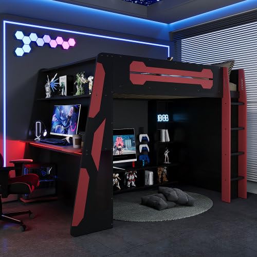 Harper & Bright Designs Full Size Gaming Loft Bed with Desk and Storage Shelves, Full Wooden Loft Bed Frame with RGB Light for Kids Boys Girls Adults (Red) Harper & Bright Designs