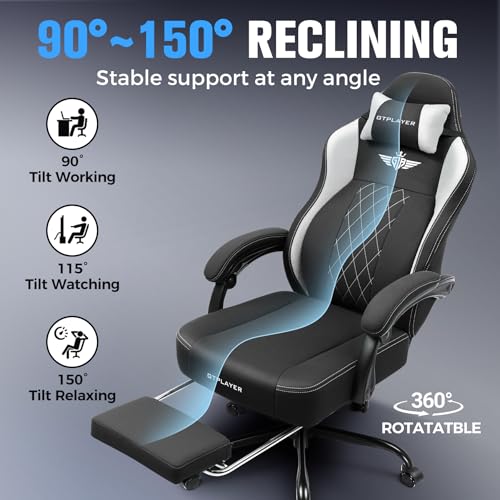 GTPLAYER Big and Tall Gaming Chair Breathable Fabric Computer Chair with Strong Lumbar Support, Comfortable Office Chairs with Pocket Spring Cushion, High Back Ergonomic Desk Chairs with Footrest GTPLAYER