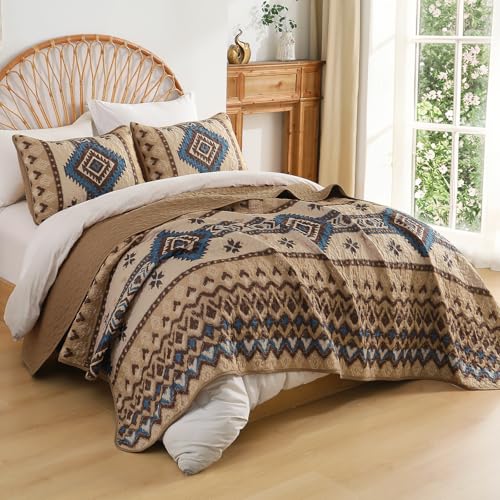 Dintszyayue Boho Quilt Set King Size,3 Pieces Aztec Texture Bedspread Brown Southwestern Coverlet Set Soft Lightweight Bed Cover for All Season Microfiber Bedding with 2 Pillowcases(Brown,104"x90") Dintszyayue