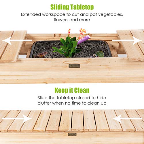 Giantex Garden Potting Bench, Outdoor Wood Work Table w/Sliding Tabletop, Planter Bench Work Station w/Removable Sink & Storage Shelves for Backyard Patio Balcony, Natural Giantex
