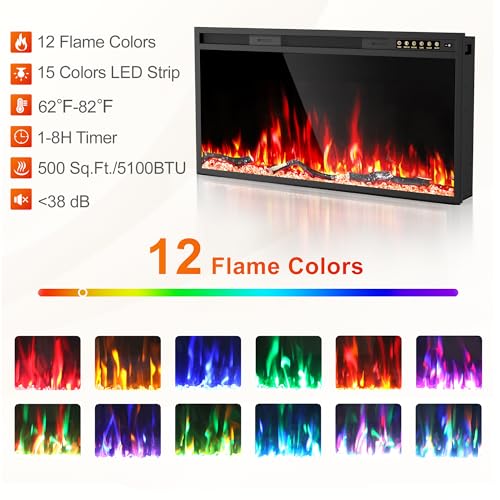 60 Inch Electric Fireplace with Mantel, Replaceable 42”Fireplace Insert Heater, 3D Realistic Log and Flame Effect, Timer, White Marble Finish for Living Room Bedroom Eshoma