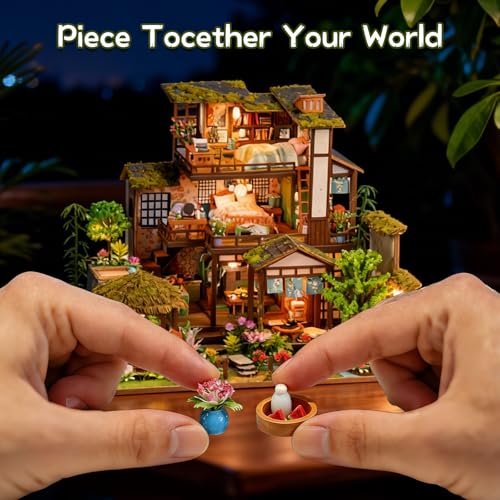 DIY Miniature House Kit, Dollhouse Kit, 3D Wooden Puzzles Bookshelf Craft Kits, Mini Doll House Building Kit for Adults Teen(Garden Cottage)