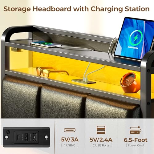 Rolanstar Bed Frame Twin Size with Charging Station and LED Lights, PU Leather Headboard with Storage Shelves, Heavy Duty Metal Slats, No Box Spring Need, Noise Free, Easy Assembly, Black Rolanstar
