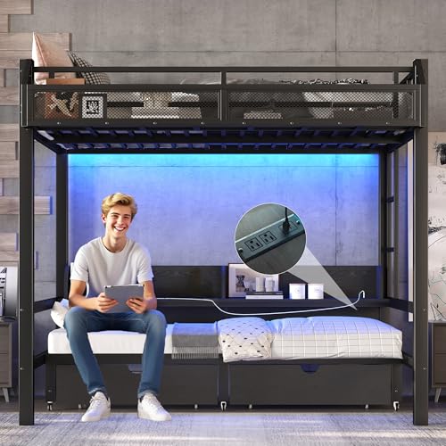 Full over Full Bunk Bed with Storage Drawers and Shelves, Metal Bunk Beds with Lights and USB Ports, Convertible Lower Bunkbed Full for Guest Room, Bedroom, Dorms, Multi-function and Noise-free, Black Bellemave