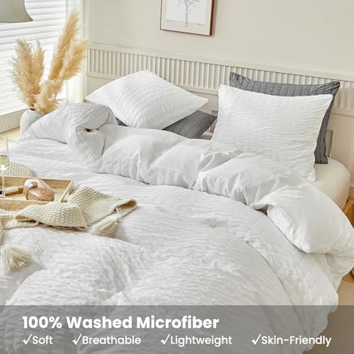 WARMDERN Duvet Cover Set Queen Size, 3pcs Washed Microfiber White Bedding Set, Soft Breathable Striped Textured Seersucker Duvet Cover with Zipper Closure & Corner Ties(White, Queen) WARMDERN