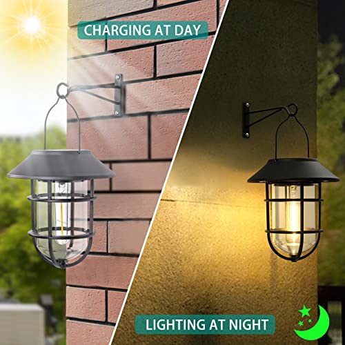 Upgrade Solar Outdoor Lights, Hanging Solar Lantern, Waterproof Solar Lights with Wall Mount Kit for Garden Patio Porch Fence Decor 2 Pack Derynome