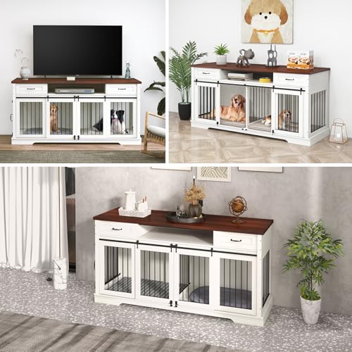 Livofloral 71”Double Dog Crate Furniture for 2 Dogs, Heavy Duty Dogs Kennel Furniture with Removable Divider & Drawers, End Table Dog Crate with Sliding Barn Doors, Extra Large TV Stand, White Brown Livofloral