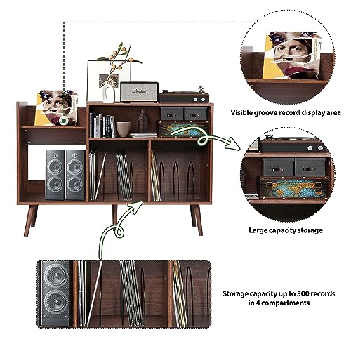 Large Record Player Stand, Mid-Century Vinyl Record Storage Table with Wood Legs and Record Storage, Modern Turntable Stand Holds Up to 300 Albums for Studio, Living Room, Bedroom (Walnut) ORRD