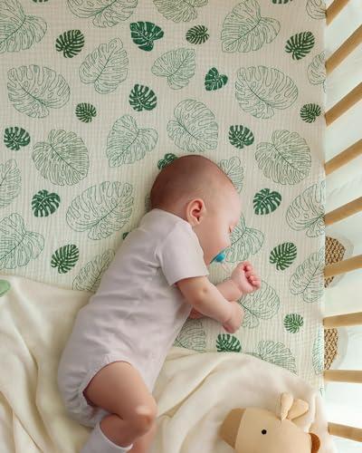 Blissful Diary Muslin Crib Sheets for Girl Boy, Boho Neutral Soft Cotton Baby Sheet for 52''x28'' Standard Crib Mattress, 2 Pack(Monstera&Dark Green) Blissful Diary