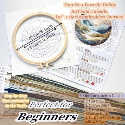 FONNUY Embroidery Kit for Beginners, Nature Hills Landscape Pre-Stamped Pattern Kits for Adults with Hoop, Easy to Follow Color Thread Needlework, 8'' Hoop (Green Hills)
