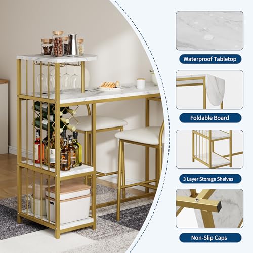 Garvee Dining Table Set for 2, 3-Piece Expandable Bar Table and Chairs Set, with Storage Shelves and Wine Rack, Small Kitchen Dining Set for Living Room, Apartment Garvee