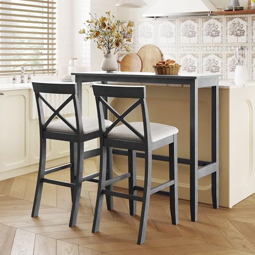 LUMISOL 3 Piece Pub Table and Chair Set, Small Wood Counter Height Table Set, 3 Piece High Top Dining Table Set for Breakfast Nook, Gray LUMISOL