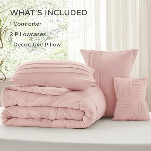 Bedsure Full Comforter Set - 4 Pieces Pinch Pleat Bed Set, Light Pink Boho Bedding for All Season, 1 Soft Comforter, 2 Pillowcases, 1 Decorative Pillow Bedsure