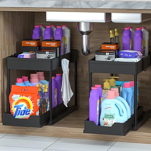 DEKAVA Under Sink Organizer 2 Pack, Bathroom Cabinet Organizer, 2 Tier Sliding Cabinet Basket Organizer Drawer, Multi-Purpose Bath Collection Baskets for Bathroom (Black) DEKAVA