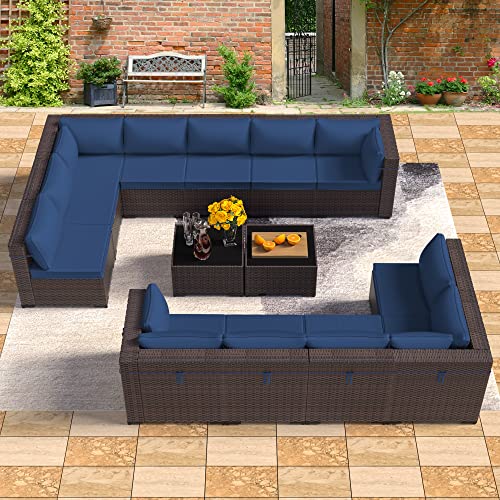 RTDTD Outdoor Patio Furniture Set, 14 Pieces Outdoor Furniture All Weather Patio Sectional Sofa PE Wicker Modular Conversation Sets with Coffee Table,12 Chairs & Seat Clips(Dark Blue) RTDTD
