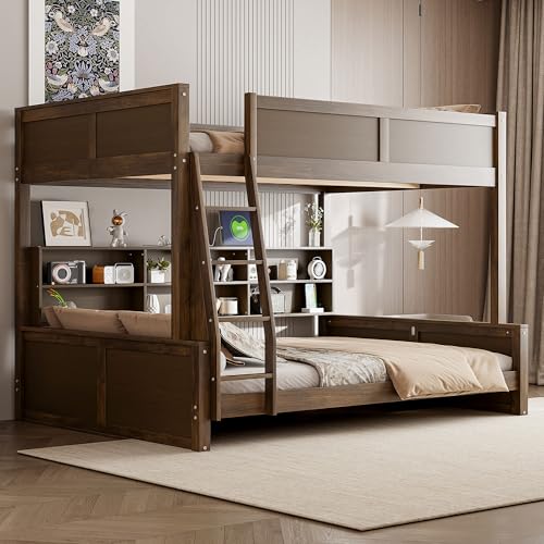Merax Wooden Bunk Beds Full XL Over Queen for Teens Adults, Farmhouse Full XL Over Queen Low Bunk Bed with Storage Shelves and Charging Station and Inclined Ladder for Dormitory, Wood Merax