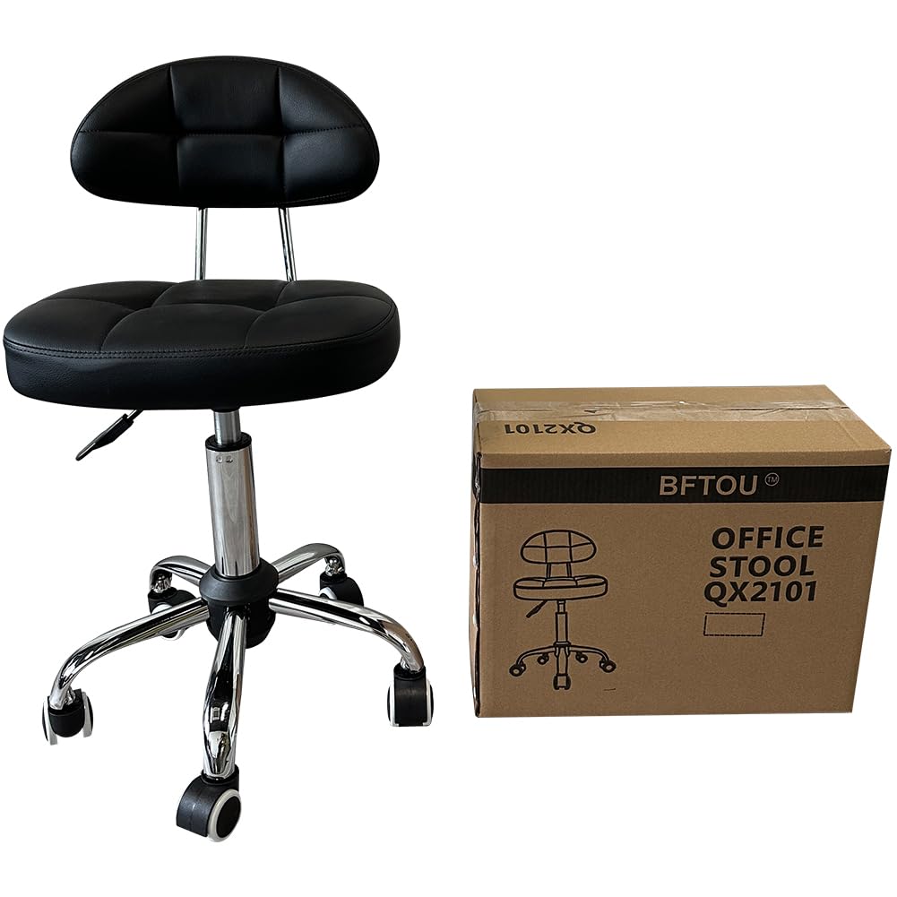 BFTOU Black Square Minimalist Swivel Stool with Wheel Perfect for Work SPA Shop Massage Height-Adjustable and Cost-Effective Rolling Stool Chair with Back BFTOU