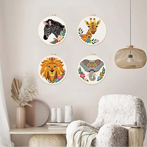 ORIGACH 4 Pcs Wild Animal Embroidery Starters Kit for Beginners, Zebra Lion Elephant Giraffe Embroidery Stitch Practice kit Include Embroidery Cloth, Embroidery Hoops, Threads and Needles