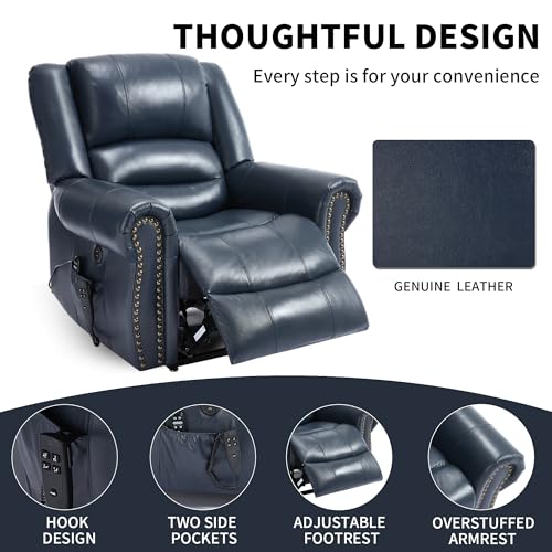 EZZUP Genuine Leather Power Lift Recliner Chair, Lazy Boy Recliner Chair with Charging Ports for Living Room Theater Seating, Electric Single Sofa with Round Armrest, Blue