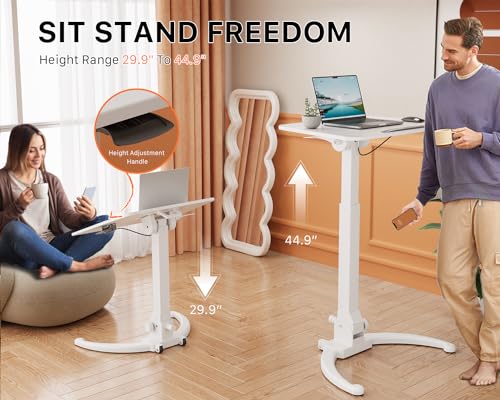 JOY worker Foldable Mobile Standing Desk, Height Adjustable Sit Stand Desk, 90° Tiltable Rolling Laptop Table, Portable Workstation with Wheels Non-Slip Mat for Home Office, Holds Up to 22lbs, White JOY worker