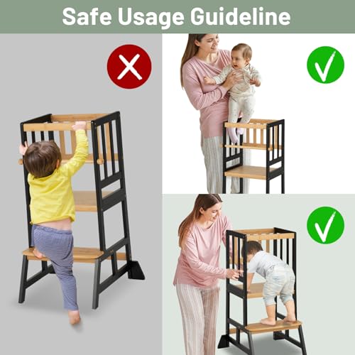 COSYLAND Toddler Standing Tower - Adjustable Height Toddler Kitchen Stool Helper - Kids Kitchen Step Stool for Learning with Removable Safety Railing Black&Natural COSYLAND